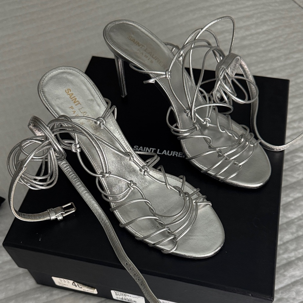 Saint Laurent Metallic Silver Lace-Up Heels